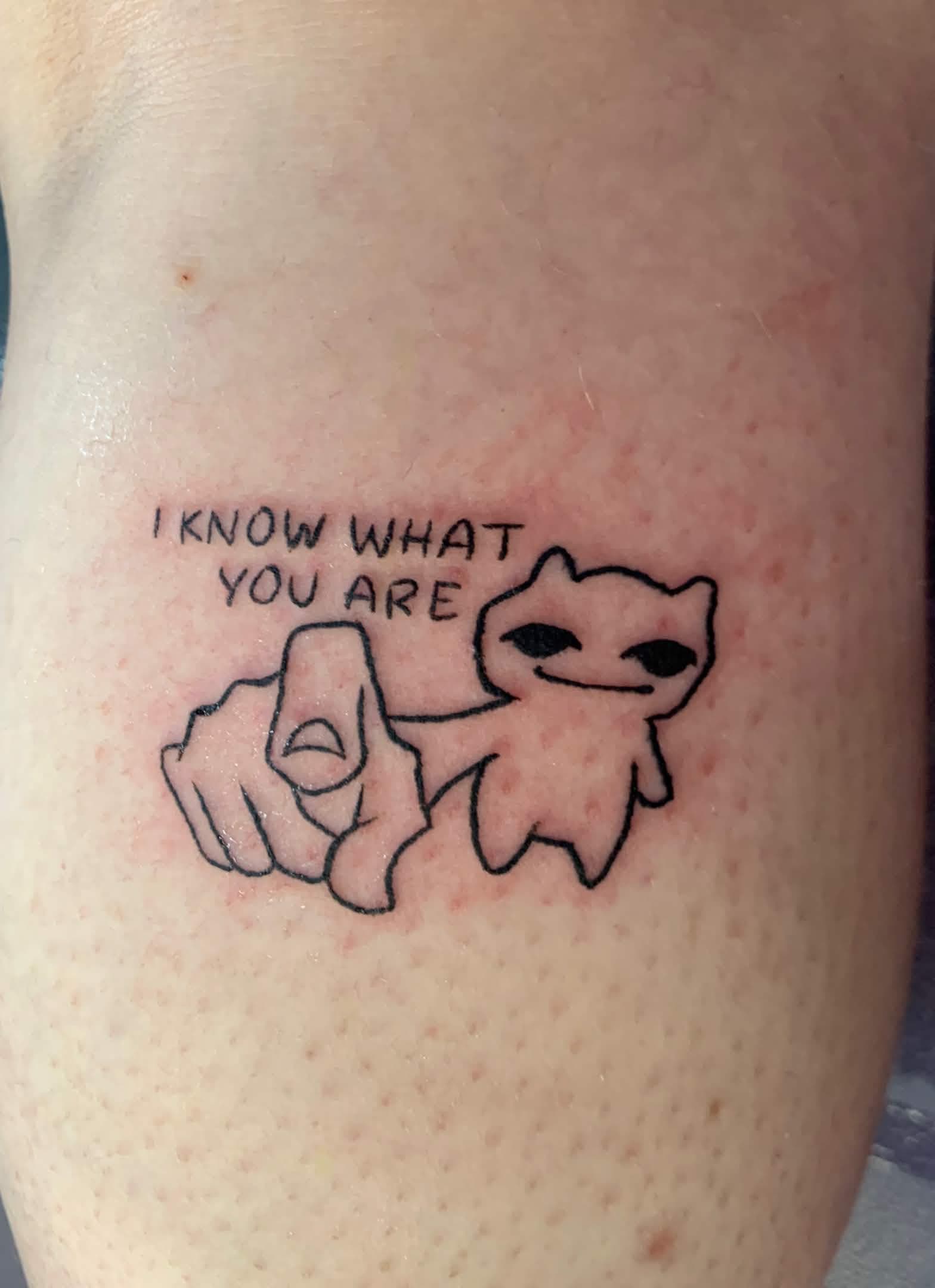 tattoo of a cat meme pointing with a large human finger